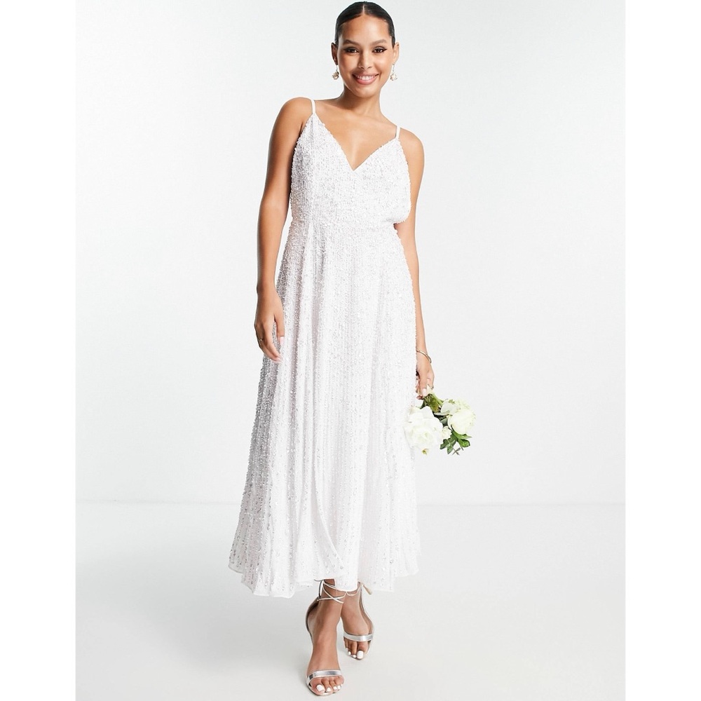 ASOS DESIGN Eva Sequin Embellished Cami Midi Wedding Bridal Dress Low Back